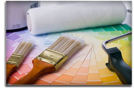 paint brushes, colour swatches and roller